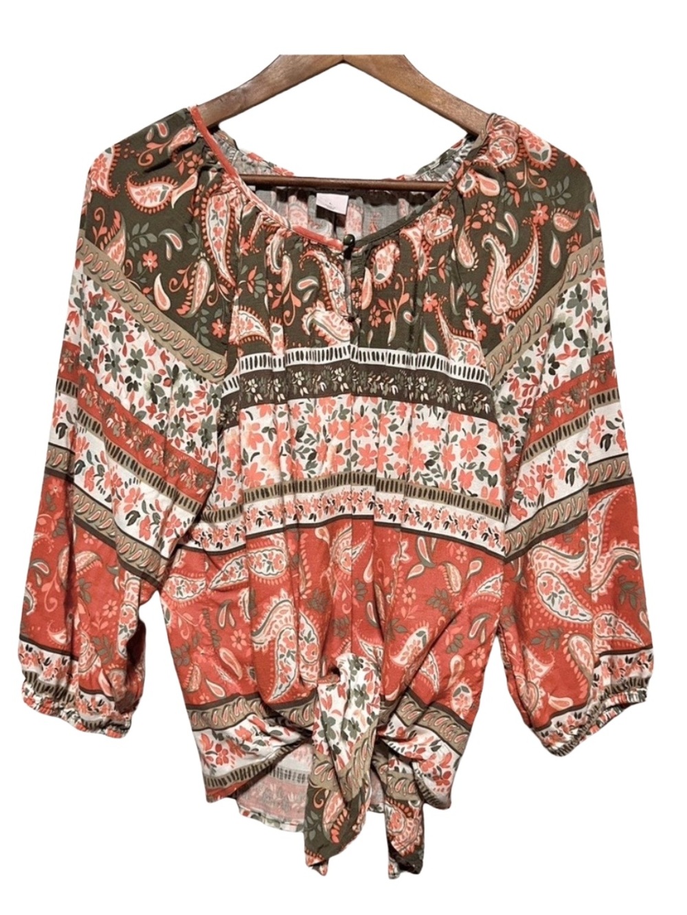 ALLISON DALEY Paisley Boho Peasant Tie Front Cottagecore Blouse